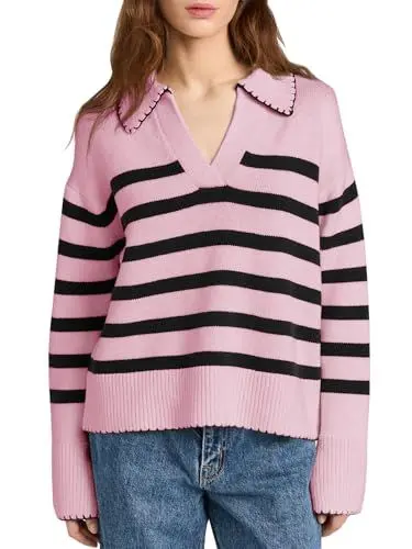 Produktbild: Saodimallsu Damen Strickpullover Gestreifte V-Ausschnitt Pullover Lässig Langarm Pulli Sweater, Rosa, L