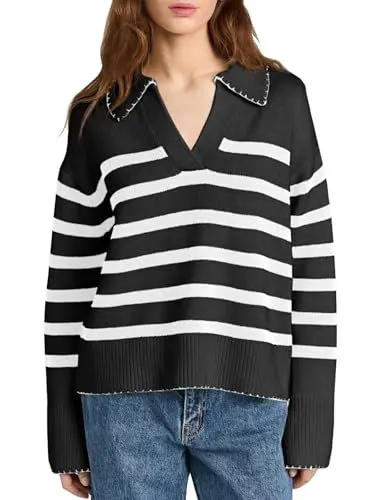 Produktbild: Saodimallsu Damen Strickpullover Gestreifte V-Ausschnitt Pullover Lässig Langarm Pulli Sweater, Schwarz, S