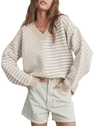Produktbild: Saodimallsu Damen Strickpullover Oversize V-Ausschnitt Pulli Gestreift Karo Mode Herbst Winter Sweater, Khaki, L