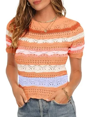Produktbild: Saodimallsu Damen T-Shirt Gestreifte Kurzarmpullover mit Farbblock Damen Sommer Strickpullover Leichte Casual Oberteile, Orange, M
