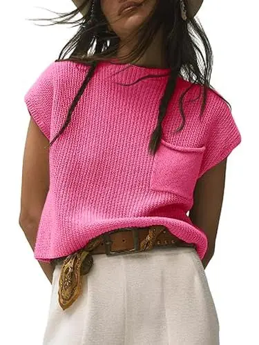 Produktbild: Saodimallsu Damen T-Shirt Pullover Sommer Kurzarm Strickpullover Oberteile Rundhals Leicht Basic Tops Einfarbig Elegante Shirts Tee mit Tasche Rose XL