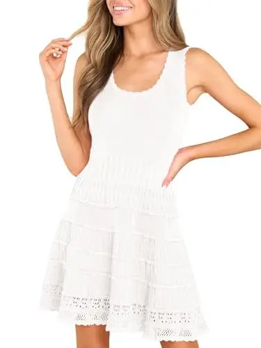 Produktbild: Saodimallsu Sommerkleider Damen Ärmellos Kleider Elegant Swing Tank-Kleider Strick-Minikleider Freizeitkleid,Weiß,XL