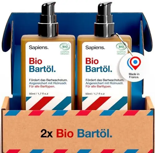 Produktbild: Sapiens Barbershop Bartöl Herren - BIO Bartpflege Öl Cosmos Organic Zertifiziert mit Rizinusöl - Bartöl Wachstum Spendet Feuchtigkeit Bart Conditioner - Beard Oil for men - 50 ml (50 ml (2er Pack))