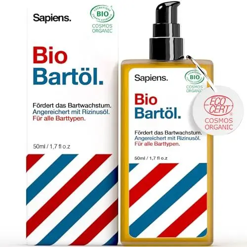 Produktbild: Sapiens Barbershop Bartöl Herren - BIO Bartpflege Öl Cosmos Organic Zertifiziert mit Rizinusöl - Bartöl Wachstum Spendet Feuchtigkeit Bart Conditioner - Beard Oil for men - 50 ml (50 ml)