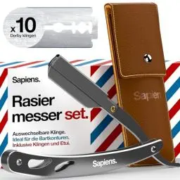 Produktbild: Sapiens Barbershop Rasiermesser Herren mit Weschelklinge - Bart Rasierer Herren - Barber Rasierer + Derby Rasierklingen + Tragetasche - Single Blade Razor Silber Edition