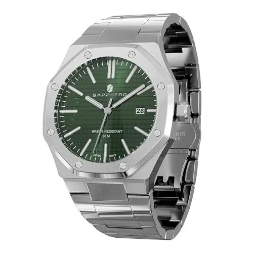 Produktbild: SAPPHERO Uhren Herren 30M wasserdichte Armbanduhr Herren Edelstahl Achteckig Herrenuhr Silber Quarz Japanische Uhrwerke Business Casual Leuchtende Uhr mit Date