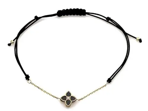 Produktbild: Sapphir Damen 14 Karat Gold Stoff-Armband Schwarz -Armbänder mit Schwarzen Blumen Anhänger - Geschenke für Frauen - 585 Gelbgold Damenarmband mit Onyx und Zirkonia - inkl Zwei Luxusgeschenke