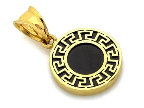 Produktbild: Sapphir Damen Runder Goldanhänger mit schwarzem Stein 14 Karat 585 - Griechischer Stil - Glamourös Damen Design - Kettenanhänger - Handwerkskunst - Schön Brillantschliff - inkl Zwei Luxusgeschenke