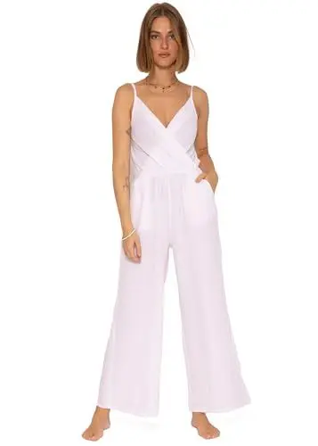 Produktbild: SASSYCLASSY Musselin Jumpsuit Damen Sommer - Hosenanzug Damen elegant mit Taschen - Sommer Outfits Damen - Overall Damen Sommer lang mit V-Ausschnitt und Trägern - Größe: M - Farbe: Weiß