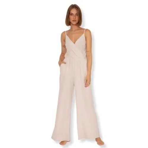 Produktbild: SASSYCLASSY Musselin Jumpsuit Damen Sommer - Hosenanzug Damen elegant mit Taschen - Sommer Outfits Damen - Overall Damen Sommer lang mit V-Ausschnitt und Trägern - Größe: XL - Farbe: Hellbeige