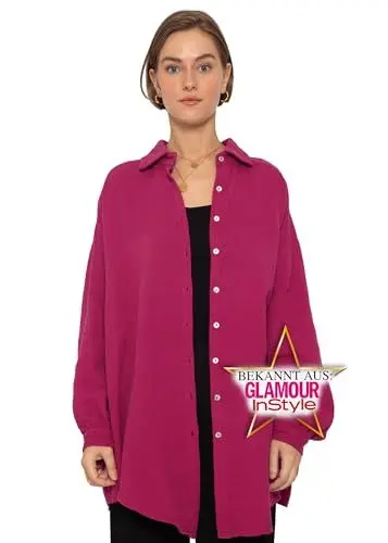 Produktbild: SASSYCLASSY Oversize Musselin Bluse Damen Langarm - Oversized Freizeit Look - Hemdbluse lang aus Baumwolle mit V Ausschnitt - Long-Bluse One Size (Gr. 36-48) Fuchsia