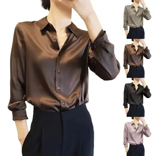 Produktbild: Satin Hemd Damen Langarm V-Ausschnitt Hemd Die Seide Elegant Lässige Business Oberteile Mit Knöpfen Arbeit Einfarbig Hemdbluse Hosenanzug Damen Festlich Hochzeit Seidenbluse Festliche (A1-Coffee, XXL)