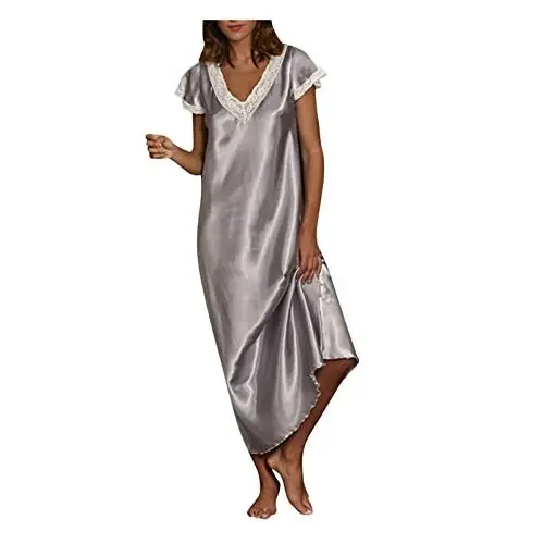 Produktbild: Satin Nachthemd Damen Lang Spitze V-Ausschnitt Kurzarm Schlafshirt Sexy Nachtkleid Nachtwäsche Frauen Weich Bequeme Freizeitkleid Lose Fit Nachthemden für Damen Loungewear Sleepshirt