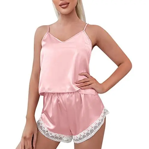 Produktbild: Satin Nachthemd für Frauen Schlafanzug Sets Bequeme Pyjama Damen Dessous Nachtwäsche Elegant Schlafmode Weiche Satin Damenbekleidung (L)