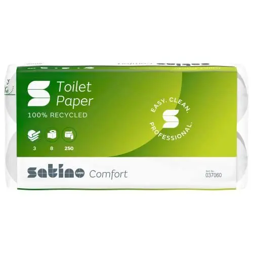 Produktbild: Satino Comfort Toilettenpapier 3-lagig - Packung mit 8 Rollen WC-Papier - softes Klopapier umweltfreundlich und nachhaltig hergestellt aus 100% Recyclingpapier weiß