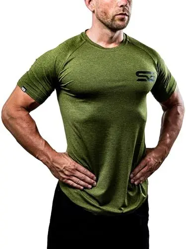 Produktbild: Satire Gym Shirt Herren Sportshirt Kurzarm atmungsaktiv | Funktionsshirt | Bodybuildung T-Shirt als Activewear & Sportbekleidung Männer für Crossfit, MMA, Laufen (Olivgrün Meliert, L)