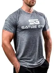 Produktbild: Satire Gym® - Fitness Slim Fit T-Shirt Herren/Funktionelles & schnell trocknendes Sportshirt Herren Kurzarm – Herren Fitness Shirt als Bodybuilding Shirt & Workout Gym Shirt (M, grau meliert)