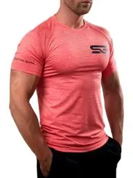 Produktbild: Satire Gym® - Fitness Slim Fit T-Shirt Herren/Funktionelles & schnell trocknendes Sportshirt Herren Kurzarm – Herren Fitness Shirt als Bodybuilding Shirt & Workout Gym Shirt (M, rot meliert)