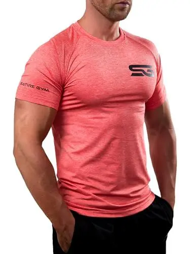 Produktbild: Satire Gym® - Fitness Slim Fit T-Shirt Herren/Funktionelles & schnell trocknendes Sportshirt Herren Kurzarm – Herren Fitness Shirt als Bodybuilding Shirt & Workout Gym Shirt (XL, rot meliert)