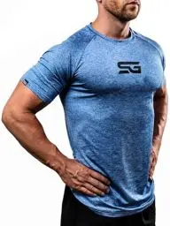 Produktbild: Satire Gym® - Fitness Slim Fit T-Shirt Herren - Funktionelles & schnell trocknendes Sportshirt Herren Kurzarm – Herren Fitness Shirt als Bodybuilding Shirt & Workout Gym Shirt (M, blau meliert)