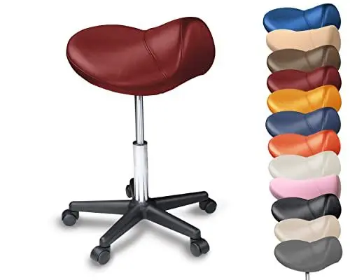 Produktbild: Sattelhocker mit Rollen Sattelstuhl ergonomisch - Rollhocker Drehhocker Arbeitshocker Bürostuhl mit Sattelsitz - Hocker höhenverstellbar in vielen Farben - vorbeugend gegen Rückenschmerzen (Burgund)