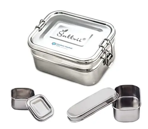 Produktbild: Sattvii® Premium Edelstahl Brotdose & Lunchbox Set | Rostfrei & Nachhaltig | Spülmaschinenfest | Geschenk für Kinder | Inkl. 2 Mini-Behälter | BPA-frei