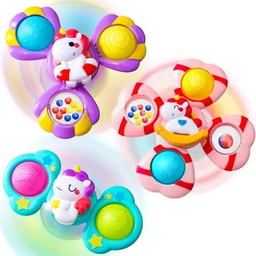 Produktbild: Saugnapf Spielzeug Baby - Einhorn Spinner Baby ab 3 Monate Badewannenspielzeug mit Rotierende Glocke Reisespielzeug Sensorik Spinner lindert Angstzustände Taufgeschenk Jouets de bain rotatifs 1-3