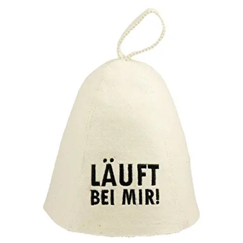 Produktbild: Saunahut - Modell mit Aufschrift - Läuft bei mir! - 100% Wollfilz - Saunamütze aus Filz für Damen und Herren