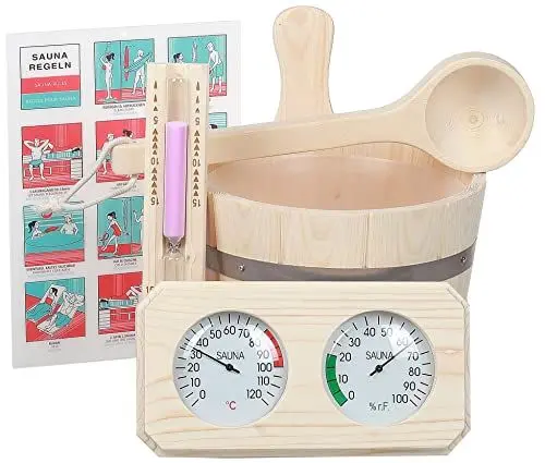 Produktbild: Saunazubehör aus Kiefernholz, 6-teilig, Eimer 3L zusammen mit Kunststoffeinsatz, 36cm Schöpfkelle, 15min. Sanduhr, vieleckig Thermometer - Hygrometer, laminiertes Saunaposter in DE FR EN Sprachen