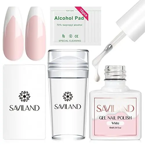 Produktbild: Saviland French Nails Stempel Set – Klarer Nagelstempel mit Weiß Gel Nagellack &Nagelschaber French Nails Tools Silikongelee Nail Stamper Nagel Stempelset für Nail Art Design Nail Stamping Set