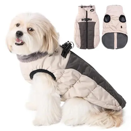 Produktbild: Savlot Hundejacken für den Winter Winddicht Wasserdicht 2 in 1 Outfit Kaltwettermantel Hundewestengeschirr Welpen Winter Warme Jacke Kleines (S, Weiß)
