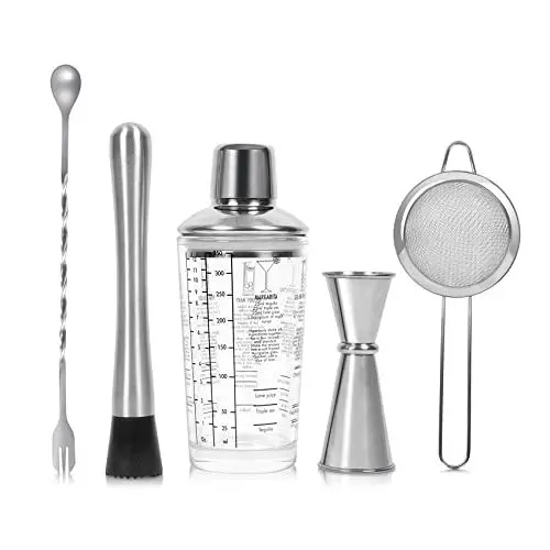 Produktbild: SAVORLIVING 12 Unzen Cocktail-Shaker-Set, 5 teiliges Barkeeper-Set aus Edelstahl, Bar-Werkzeuge zum Mischen von Getränken, eingebauter Stößel, Jigger, Barlöffel, Sieb, Barkeeper-Set als Geschenk