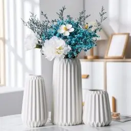 Produktbild: Sawoake Keramik Vasen Set von 3 - Weiße Matte Vasen für Pampasgras, Trockenblumen & Home Decor, Modernes Boho und Skandinavisches Design mit Natürlicher Textur（Wohnzimmer, Esszimmer, Hochzeitstisch）