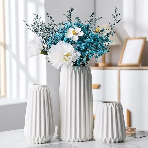 Produktbild: Sawoake Keramik Vasen Set von 3 - Weiße Matte Vasen für Pampasgras, Trockenblumen & Home Decor, Modernes Boho und Skandinavisches Design mit Natürlicher Textur（Wohnzimmer, Esszimmer, Hochzeitstisch）