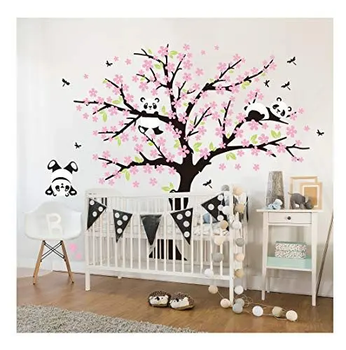 Produktbild: Sayala 3 Panda Wandtattoo-Wandsticker mit Floralem-Pfirsich Sakura Blumen Baum Wandbild für Mädchen/Jungen oder Baby Zimmer.2m &1.8m Wanddeko Wandtattoobaum (Rosa)