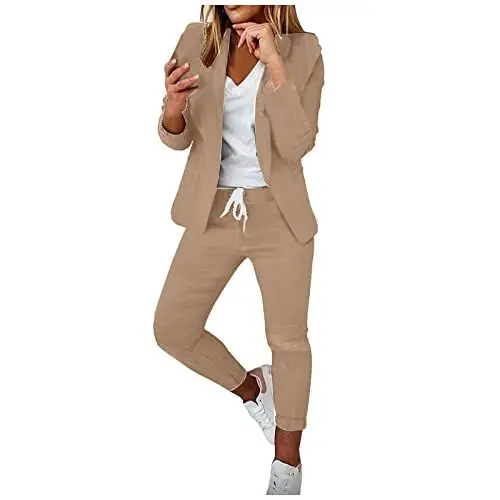 Produktbild: Saymany Damen Blazer Revers Trainingsanzug Hosenanzug Festlich Hochzeit Freizeitanzug Party Outfit Long Oberbekleidung (Khaki, M)