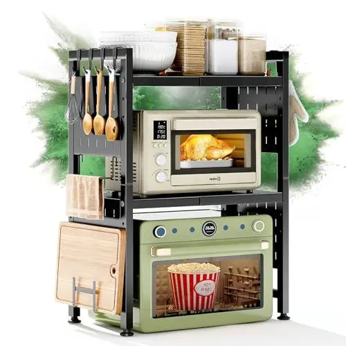 Produktbild: SAYZH Mikrowellen Regal, 3-stufiges Erweiterbares mikrowelle Regal Mikrowellenregal Organizer Küche mit 10 Haken, Flexibel Ausziehbar von 40-70cm, Stufiges Küchenregal mikrowellenständer, Schwarz