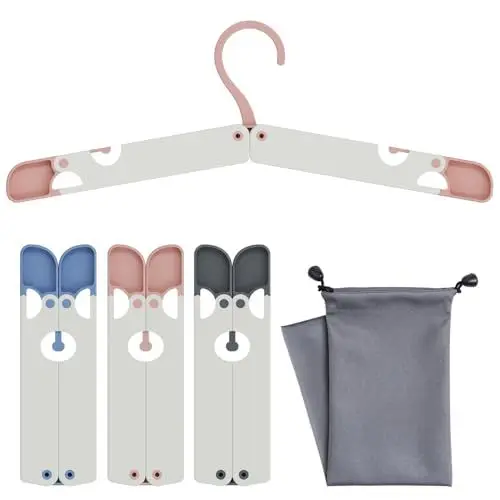 Produktbild: Sazfli Faltbare Reisebügel 3er Set mit Geschenkbox – Leichte Kleiderbügel aus ABS & rutschfeste Clips für Urlaub, Kreuzfahrt und Zuhause (Grau, Rosa, Blau)