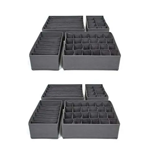 Produktbild: SB Trading - 8 x Schubladen Ordnungssystem Stoff Grau - Aufbewahrungsbox Set für Socken, Unterwäsche & BH - Schubladeneinsatz Ordnungsboxen mit 86 Fächern - Schublade & Schrank Organizer Trennsystem