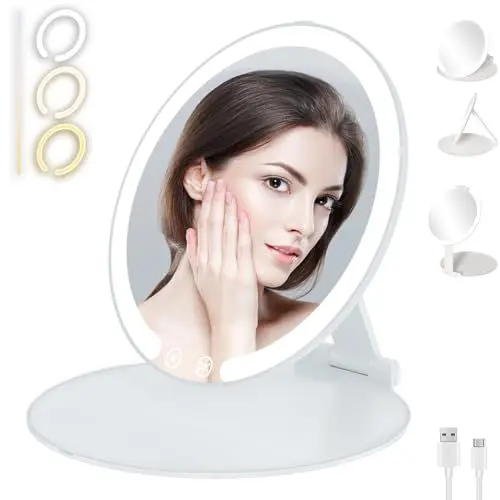 Produktbild: S'bagno 3-Farben-LED-Schminkspiegel mit Touch-Bedienung,Verstellbar, Tischspiegel für Make-up und Reisen - Klein, Klappbar und Mit USB-Ladekabel