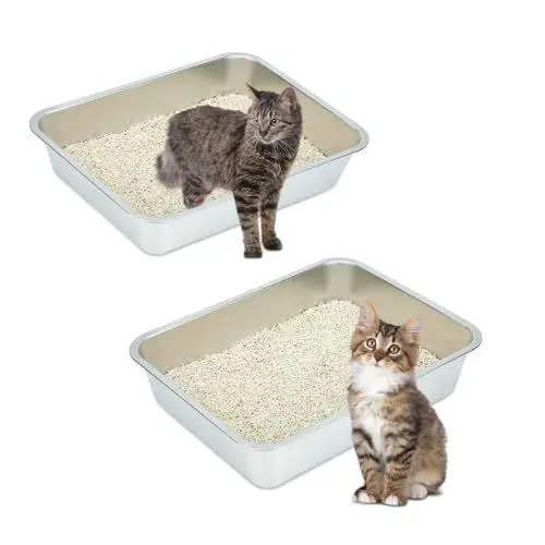 Produktbild: Sbayool 2 Stück Edelstahl Katzenklo Groß, Stainless Steel Cat Litter Box, Offene Katzentoilette Ohne Deckel Hop für Katzen, Antihaft Glatte OberfläChe, Niemals GerüChe, Rostschutz(45 x 35 x 10 cm)