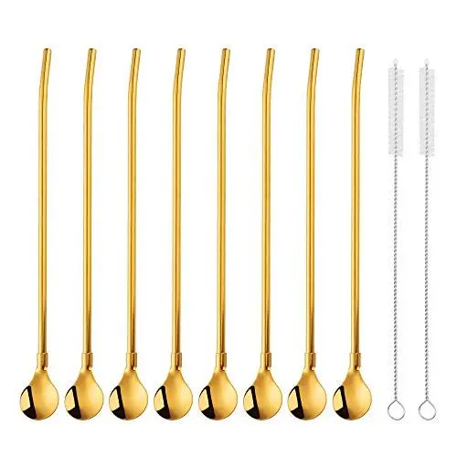 Produktbild: SBOMHS Wiederverwendbare Strohhalme Löffel 18/8 Edelstahl 8 Stück Trinkhalmlöffel Gold mit 2 Bürsten Cocktail Latte Macchiato Löffel 21,5CM