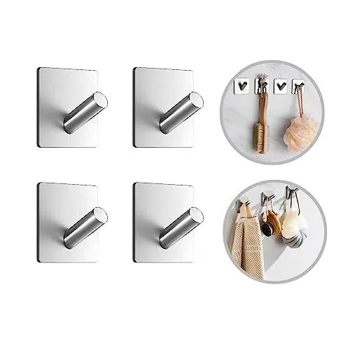 Produktbild: Sbomi Selbstklebend Handtuchhaken, 304 Edelstahl Bademantelhaken Haken Wandhaken Bad und Küche Handtuchhalter Kleiderhaken Ohne Bohren - Haken Selbstklebend - Edelstahl Klebehaken - 4 Stück Silber