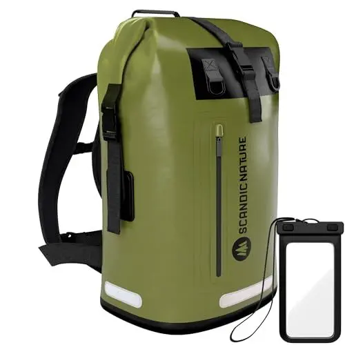 Produktbild: SCANDIC NATURE PIONEER 35L wasserdichter Rucksack oliv-grün mit Rolltop Verschluss - extra robust dank Boden mit 1000D PVC LKW-Plane, 3 Reflektor-Streifen Rollverschluss, wasserfeste IPX8 Handyhülle