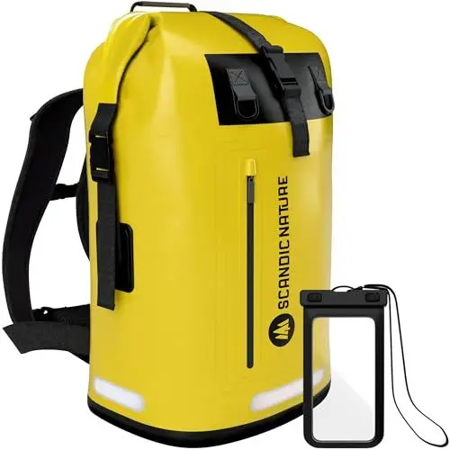 Produktbild: SCANDIC NATURE PIONEER 55L wasserdichter Rucksack gelb mit Rolltop Verschluss - extra robust dank Boden mit 1000D PVC LKW-Plane, 3 Reflektor-Streifen Rollverschluss, wasserfeste IPX8 Handyhülle