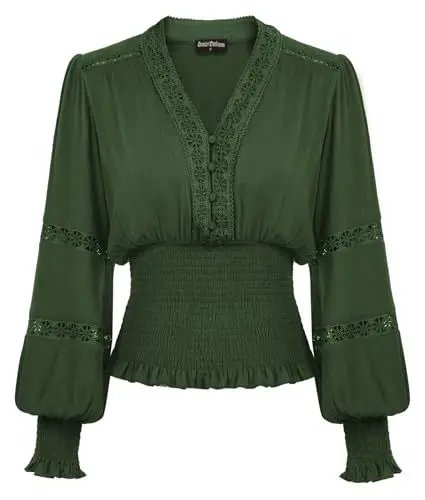 Produktbild: SCARLET DARKNESS 2024 Frühling Sommer Mittelalter Trachtenbluse Gesmokt Taille Hollow Out Carmenbluse Dunkelgrün M