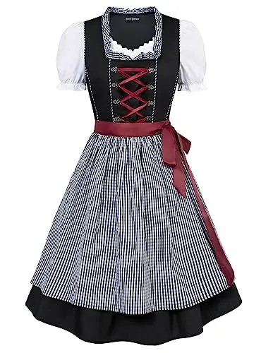 Produktbild: SCARLET DARKNESS Damen 3Tlg Midi Dirndl Kleid Oktoberfest Trachtenkleid Kostüme,Baumwollkleid,Tops,Schwarz Weiß Plaid S