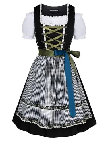 Produktbild: SCARLET DARKNESS Damen Dirndl Kleid Dirndlschürze und Tops Oktoberfest 3tlg Dirndl Kleid Schwarz Weiß Plaid XXL