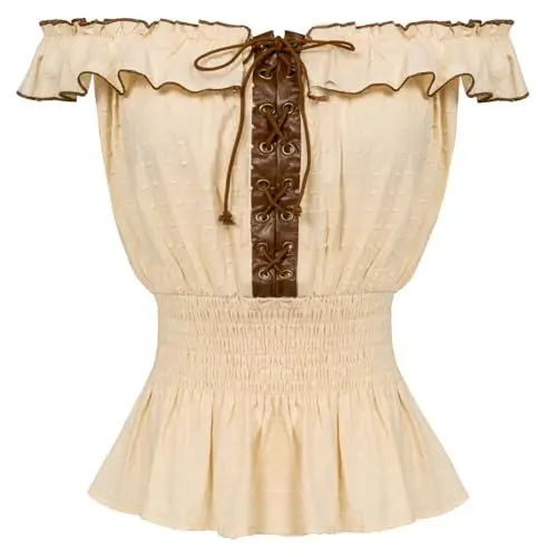 Produktbild: SCARLET DARKNESS Damen Baumwolle Tops Lace-Up Off Shoulder mit Rüschen Gesmokte Sommer Tops Aprikose XXL
