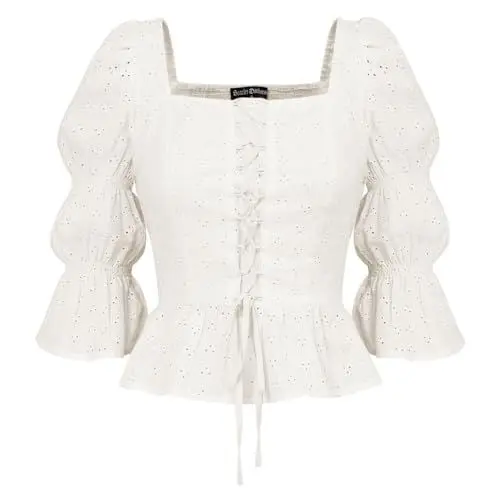 Produktbild: SCARLET DARKNESS Damen Gothic Piratenbluse Klassisch Hollow Out Lotusärmel Tunika Korsett Top Weiß XL